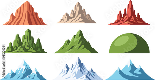 Set of Mountain Landscape Illustrations with Different Terrain Styles and Elevations