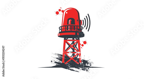 Red warning beacon tower with signal waves and splatters