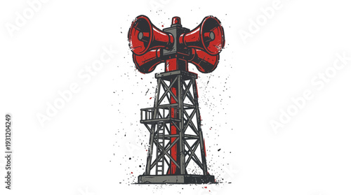 Red siren tower with loudspeakers and ladder, warning system