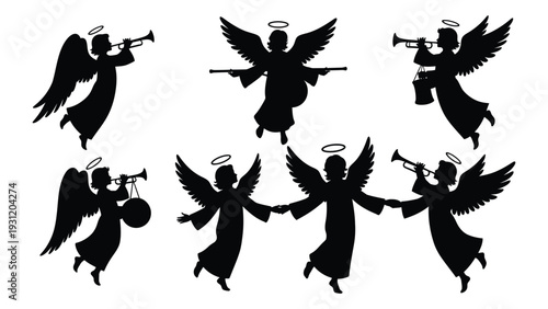 Six black silhouettes of angels playing trumpets isolated on white background, Vector