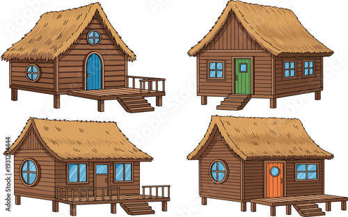 Wooden cottage houses with thatched roofs rustic village cabin homes cartoon style rural architecture vector illustration set isolated