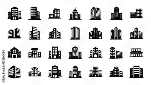 A collection of 30 black and white building icons isolated on white background, Vector