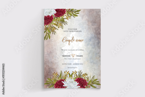 WEDDING INVITATION FRAME WITH FLOWER DECORATIONS AND FRESH LEAVES