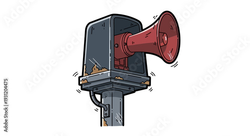 Vintage emergency siren on pole, cartoon style