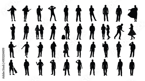 A collection of 35 black silhouettes of people in various poses isolated on white background, Vector