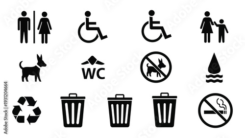 A set of icons for restroom and waste management isolated on white background, Vector