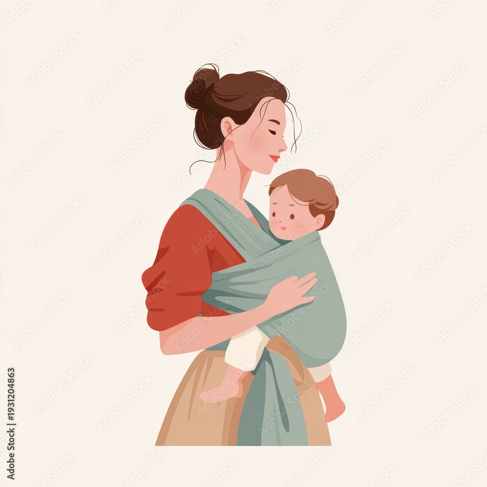 Obraz premium Mother Holding Infant in Soft Green Baby Wrap Illustration