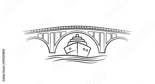 Ship passing under a large concrete bridge illustration.
