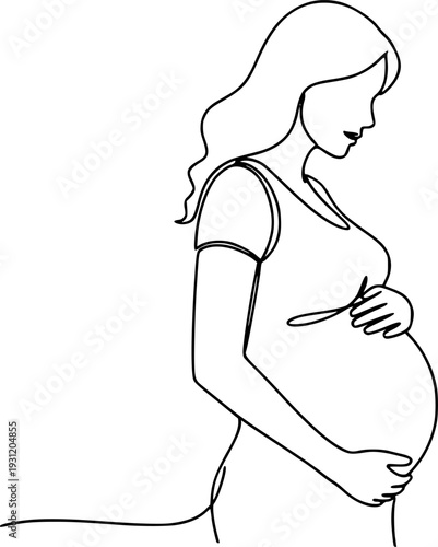 Single continuous line drawing of a pregnant woman holding her belly symbolizing maternal love and anticipation