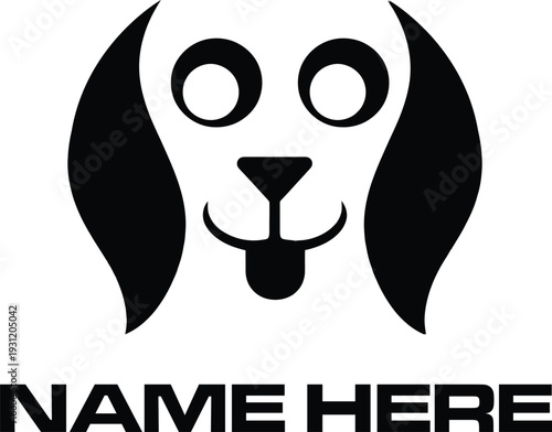 Minimal black dog face logo with customizable placeholder text, designed in clean flat vector style for pet brands and businesses.