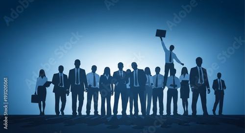 Silhouette of a business team standing together with one person holding a briefcase up high.