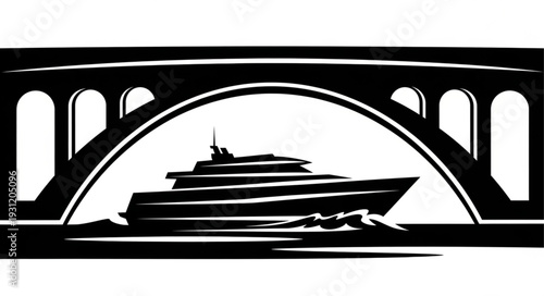 Silhouette of a large yacht passing under a bridge.