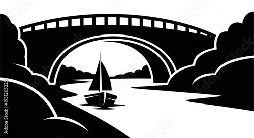 Silhouette of a sailboat passing under a large arched bridge.