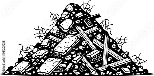 Large stack of construction rubble with broken concrete, bricks, wood beams, and twisted rebar