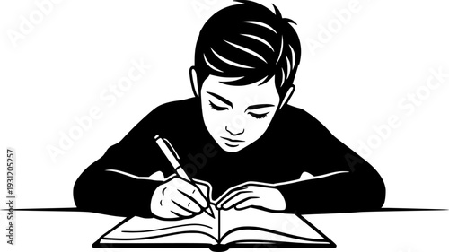 A focused young student diligently writing in a notebook with a pen at a desk, suitable for educational, study, productivity, or learning environment themes