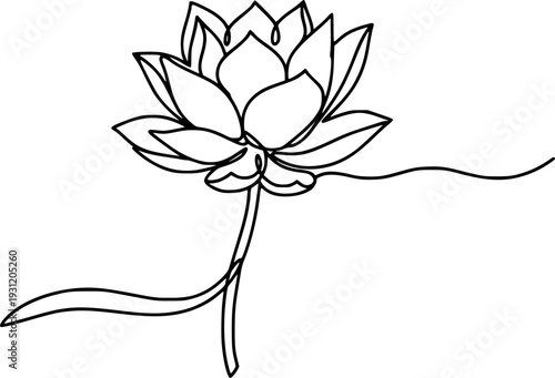 A graceful single continuous line drawing portraying a serene lotus flower, embodying purity and tranquil spirituality, ideal for minimalist branding, peaceful wellness media