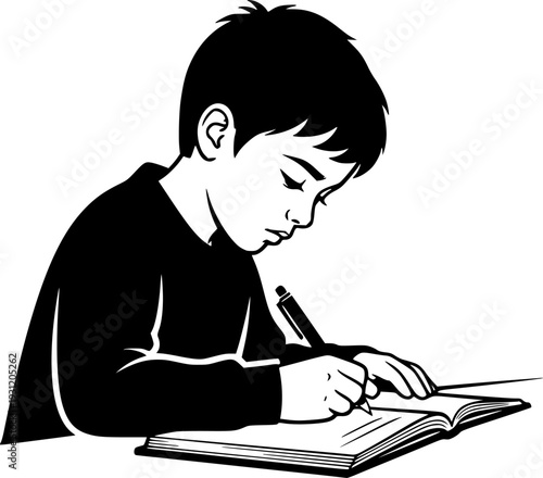 A focused young student diligently writing in a notebook with a pen at a desk, suitable for educational, study, productivity, or learning environment themes