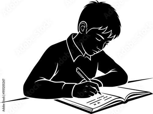 A focused young student diligently writing in a notebook with a pen at a desk, suitable for educational, study, productivity, or learning environment themes