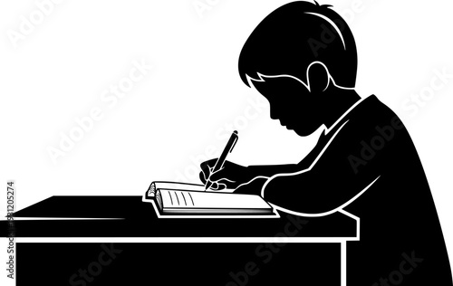 A focused young student diligently writing in a notebook with a pen at a desk, suitable for educational, study, productivity, or learning environment themes