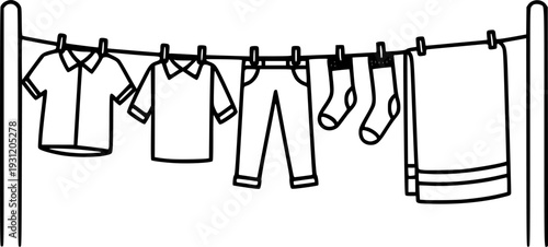 A black and white line drawing depicting various laundered clothes drying on a clothesline between two poles