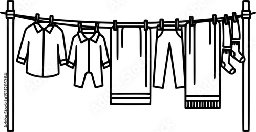 A black and white line drawing depicting various laundered clothes drying on a clothesline between two poles