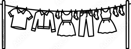 A black and white line drawing depicting various laundered clothes drying on a clothesline between two poles