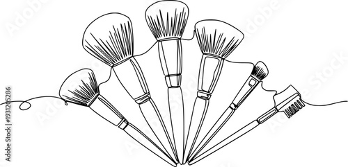 Continuous line drawing of various makeup brushes creating a minimalist beauty statement