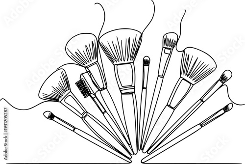 Continuous line drawing of various makeup brushes creating a minimalist beauty statement
