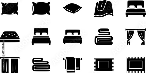 A versatile collection of home textile icons featuring pillows, blankets, beds, towels, curtains, and rugs