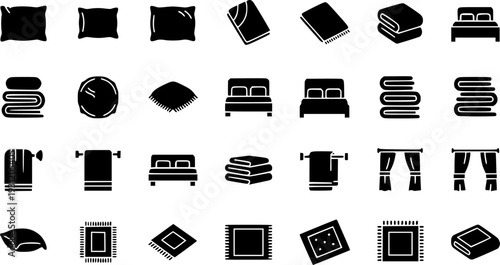 A versatile collection of home textile icons featuring pillows, blankets, beds, towels, curtains, and rugs