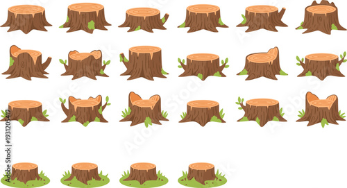 Tree Stump Icon Set Collection with Cut Wooden Logs and Forest Ground Elements for Nature Illustration, Lumber Industry, and Environment Design