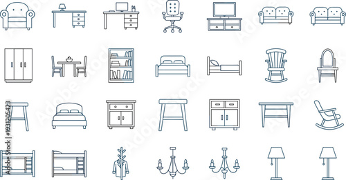 Furniture Outline Icon Set Home Interior Collection Sofa Bed Table Chair Lamp Vector Line Icons