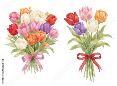 水彩チューリップの花束 春のフラワーブーケイラスト