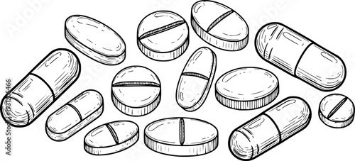 Hand drawn sketch of various medical pills and capsules