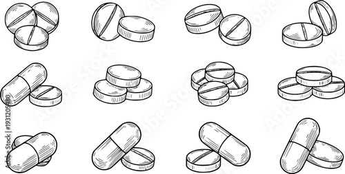 Hand drawn sketch of various medical pills and capsules