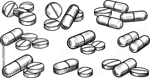 Hand drawn sketch of various medical pills and capsules