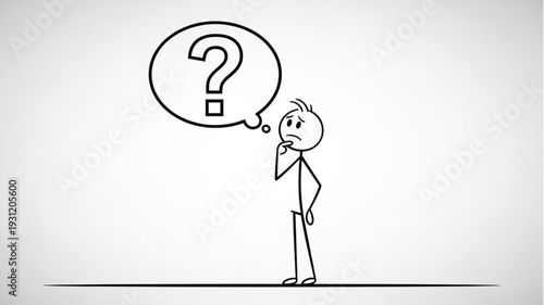 Stick figure thinking with a question mark in a speech bubble.
