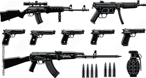 Gun and Weapon Silhouette Set Rifles Pistols Ammunition and Grenade Military Equipment Black Vector Collection