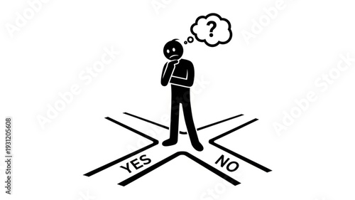 Stick figure standing at a crossroads with yes and no signs contemplating a decision.