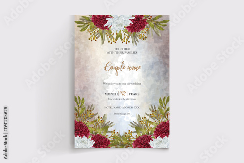 WEDDING INVITATION FRAME WITH FLOWER DECORATIONS AND FRESH LEAVES