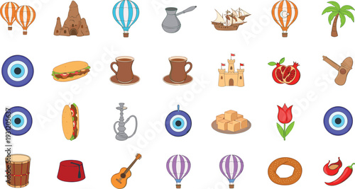 Turkey Culture and Travel Illustration Set with Traditional Food, Landmarks, Hot Air Balloons, Evil Eye Symbols, and Iconic Elements for Vector Design