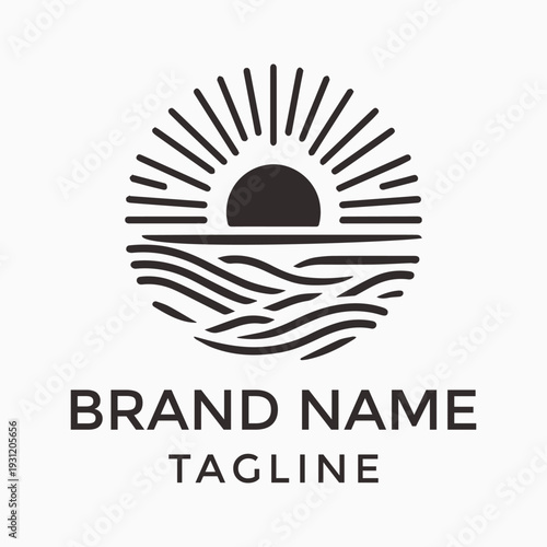 Ocean sea, sun, sky, earth, concept. Environment circle logo emblem.