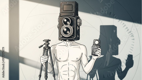 Surreal illustration of a man with a vintage camera for a head holding a modern camera.