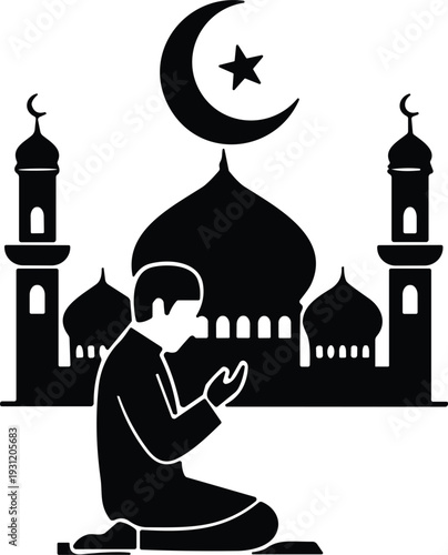 Black silhouette of a Muslim man praying in tashahhud position on a prayer mat with a mosque dome and crescent moon star background icon.