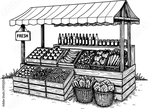 Detailed line drawing of an outdoor market stall showcasing fresh produce like fruits, vegetables, and bottled goods in crates