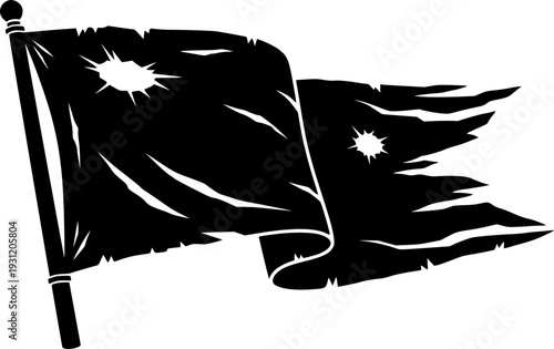 Grungy old ripped flag flying with ragged edges and tears symbolizing distress and abandonment for historical references, pirate themes
