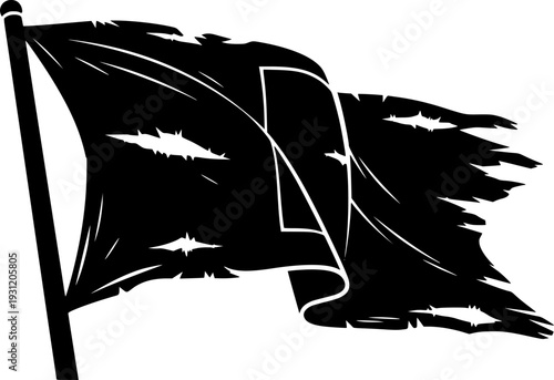 Grungy old ripped flag flying with ragged edges and tears symbolizing distress and abandonment for historical references, pirate themes