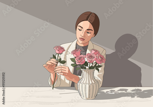 Woman arranging pink roses in vase vector illustration