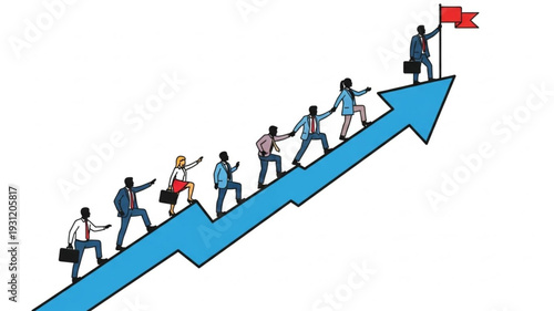 Team climbing up blue arrow graph towards success flag.