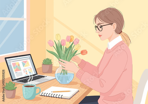 Woman working from home with flowers vector
